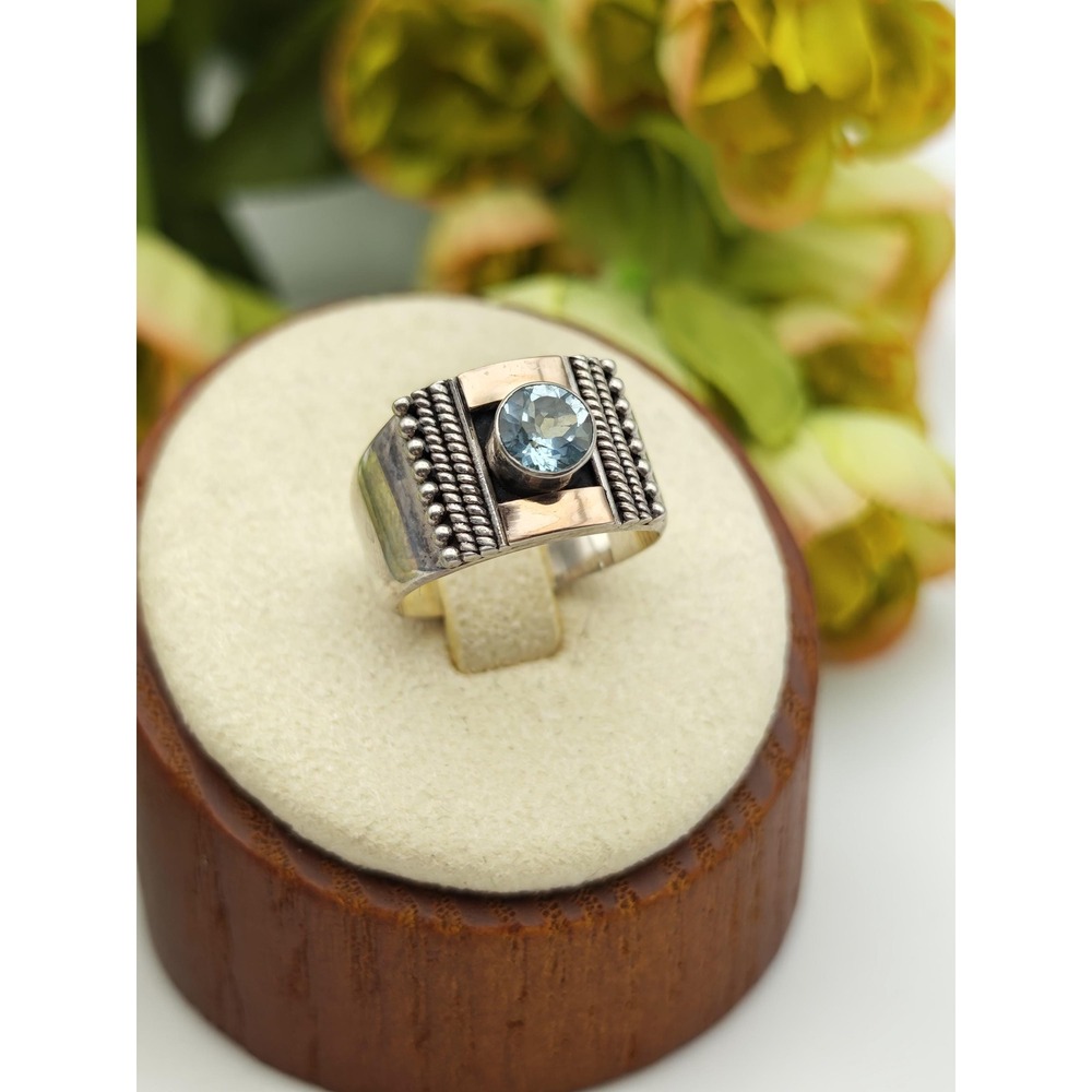 Boho Blue Topaz Artisan Ring Women 4.5 Silver 18K Gold Accent Southwest Gemstone